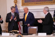 Gianni Infantino, President, Fédération Internationale de Football Association (FIFA), displays the World Cup Trophy prior to United States President Donald J Trump making remarks at The White House Digital Assets (Crypto) Summit in the State Dining Room of the White House in Washington, DC, US, on Friday, March 7, 2025. Credit: Chris Kleponis / CNP. 07 Mar 2025 Pictured: United States President Donald J Trump arrives to make remarks at The White House Digital Assets (Crypto) Summit in the State Dining Room of the White House in Washington, DC, US, on Friday, March 7, 2025. At left is US Secretary of the Treasury Scott Bessent and at right is David O Sacks, Chair, President's Council of Advisors on Science and Technology and White House AI. Photo credit: Chris Kleponis - CNP / MEGA 