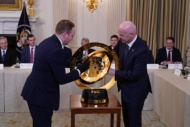 Gianni Infantino, President, Fédération Internationale de Football Association (FIFA), displays the World Cup Trophy prior to United States President Donald J Trump making remarks at The White House Digital Assets (Crypto) Summit in the State Dining Room of the White House in Washington, DC, US, on Friday, March 7, 2025. Credit: Chris Kleponis / CNP. 07 Mar 2025 Pictured: Gianni Infantino, President, Fédération Internationale de Football Association (FIFA), displays the World Cup Trophy prior to United States President Donald J Trump making remarks at The White House Digital Assets (Crypto) Summit in the State Dining Room of the White House in Washington, DC, US, on Friday, March 7, 2025. Credit: Chris Kleponis / CNP. Photo credit: Chris Kleponis - CNP / MEGA 