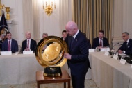Gianni Infantino, President, Fédération Internationale de Football Association (FIFA), displays the World Cup Trophy prior to United States President Donald J Trump making remarks at The White House Digital Assets (Crypto) Summit in the State Dining Room of the White House in Washington, DC, US, on Friday, March 7, 2025. Credit: Chris Kleponis / CNP. 07 Mar 2025 Pictured: Gianni Infantino, President, Fédération Internationale de Football Association (FIFA), displays the World Cup Trophy prior to United States President Donald J Trump making remarks at The White House Digital Assets (Crypto) Summit in the State Dining Room of the White House in Washington, DC, US, on Friday, March 7, 2025. Credit: Chris Kleponis / CNP. Photo credit: Chris Kleponis - CNP / MEGA 