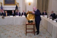 Gianni Infantino, President, Fédération Internationale de Football Association (FIFA), displays the World Cup Trophy prior to United States President Donald J Trump making remarks at The White House Digital Assets (Crypto) Summit in the State Dining Room of the White House in Washington, DC, US, on Friday, March 7, 2025. Credit: Chris Kleponis / CNP. 07 Mar 2025 Pictured: Gianni Infantino, President, Fédération Internationale de Football Association (FIFA), displays the World Cup Trophy prior to United States President Donald J Trump making remarks at The White House Digital Assets (Crypto) Summit in the State Dining Room of the White House in Washington, DC, US, on Friday, March 7, 2025. Credit: Chris Kleponis / CNP. Photo credit: Chris Kleponis - CNP / MEGA 