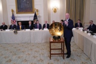 Gianni Infantino, President, Fédération Internationale de Football Association (FIFA), displays the World Cup Trophy prior to United States President Donald J Trump making remarks at The White House Digital Assets (Crypto) Summit in the State Dining Room of the White House in Washington, DC, US, on Friday, March 7, 2025. Credit: Chris Kleponis / CNP. 07 Mar 2025 Pictured: Gianni Infantino, President, Fédération Internationale de Football Association (FIFA), displays the World Cup Trophy prior to United States President Donald J Trump making remarks at The White House Digital Assets (Crypto) Summit in the State Dining Room of the White House in Washington, DC, US, on Friday, March 7, 2025. Credit: Chris Kleponis / CNP. Photo credit: Chris Kleponis - CNP / MEGA 