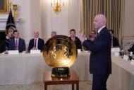 Gianni Infantino, President, Fédération Internationale de Football Association (FIFA), displays the World Cup Trophy prior to United States President Donald J Trump making remarks at The White House Digital Assets (Crypto) Summit in the State Dining Room of the White House in Washington, DC, US, on Friday, March 7, 2025. Credit: Chris Kleponis / CNP. 07 Mar 2025 Pictured: Gianni Infantino, President, Fédération Internationale de Football Association (FIFA), displays the World Cup Trophy prior to United States President Donald J Trump making remarks at The White House Digital Assets (Crypto) Summit in the State Dining Room of the White House in Washington, DC, US, on Friday, March 7, 2025. Credit: Chris Kleponis / CNP. Photo credit: Chris Kleponis - CNP / MEGA 